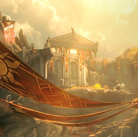 Thumbnail of Hunt of Ash and Steel event in Wuthering Waves, featuring the ancient temple ruins of Sanguis Plateaus under golden sunlight.