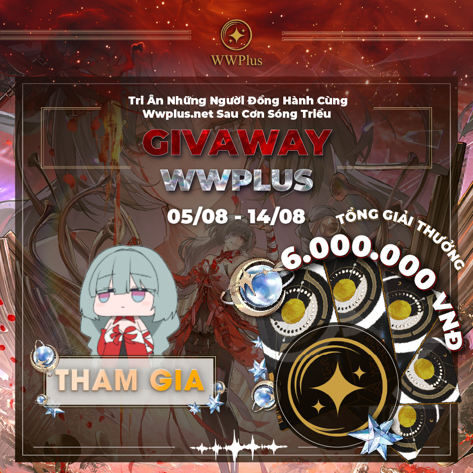 Event banner for Wwplus.net’s 6,000,000 VND giveaway campaign themed "Appreciation for Companions After the Storm", running from August 5 to August 14. Includes Phlorova character art, Lunite items, and subscription rewards.