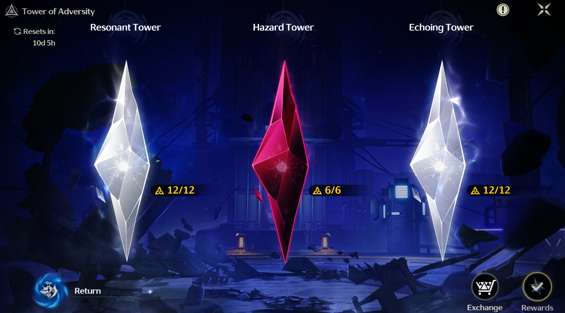 "Thumbnail showing the three towers of Tower of Adversity: Resonant Tower, Hazard Tower, and Echoing Tower, each representing a different challenge zone in Wuthering Waves."