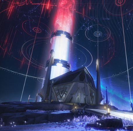 “Simulation facility in Wuthering Waves emitting a massive red and blue energy beam into the sky, surrounded by concentric data rings.”