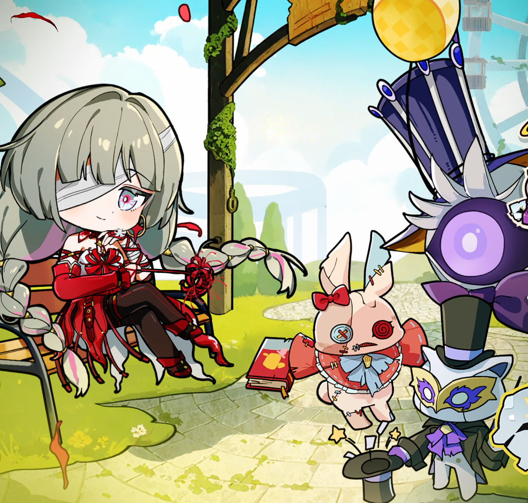 Chibi versions of Dreamland characters relaxing and performing magic tricks in a whimsical dream setting.