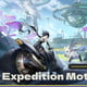 An introduction to Wuthering Waves’ Expedition Motorcycle, depicting a Resonator riding a futuristic motorcycle across a sci-fi landscape.