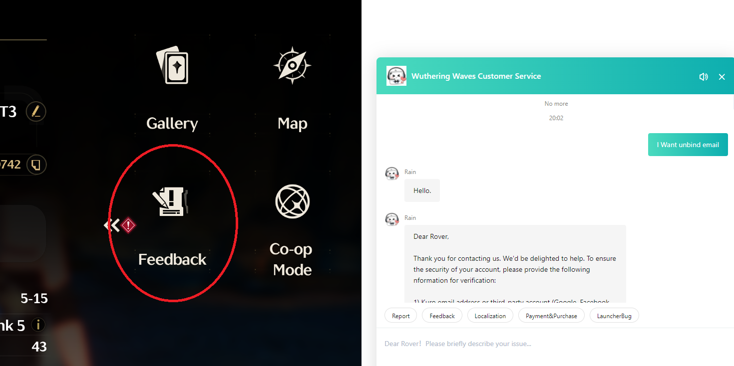 Wuthering Waves Feedback menu and customer service chat showing how to send the message “I want unbind email” to request email removal.
