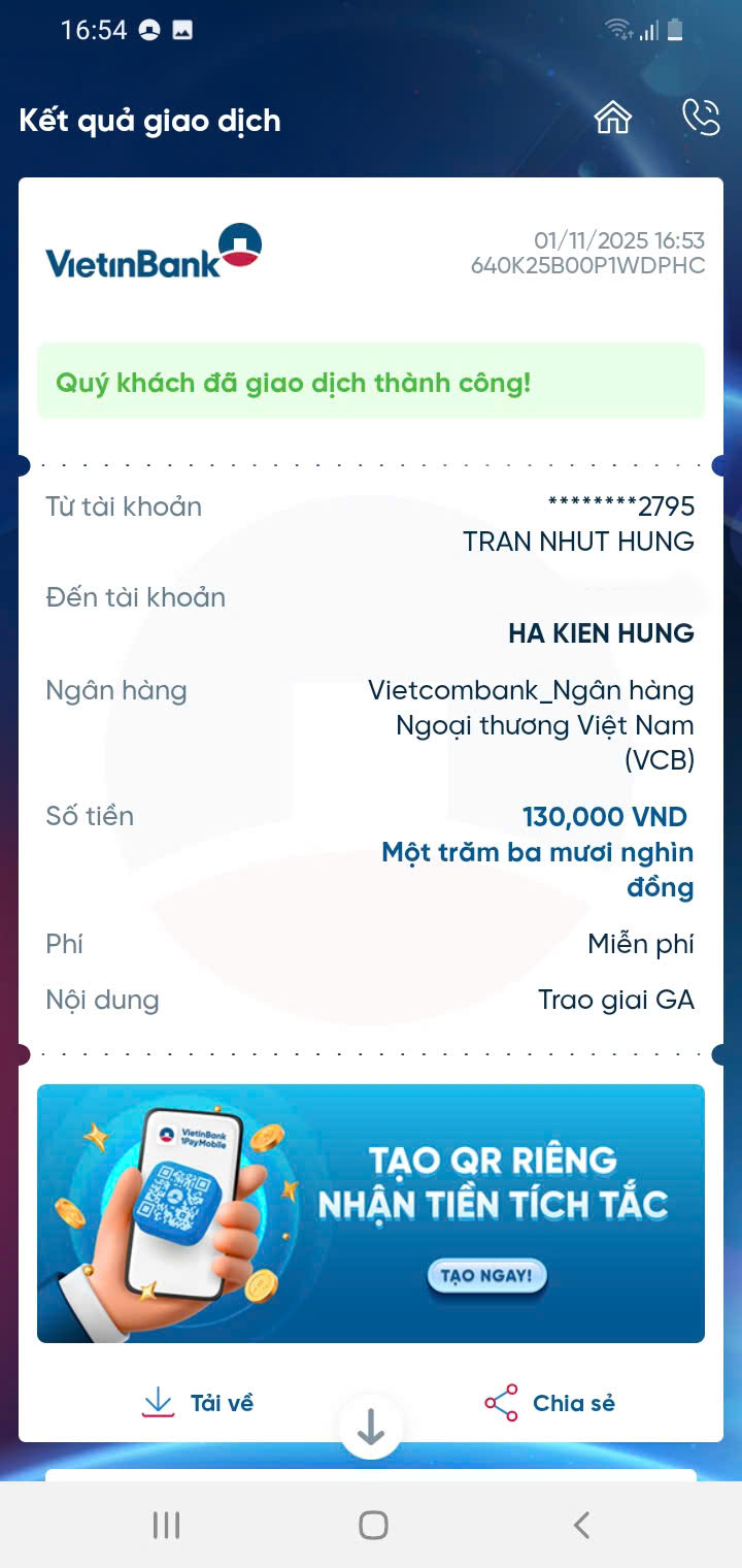 Mobile screenshot of VietinBank app showing completed payment transfer.