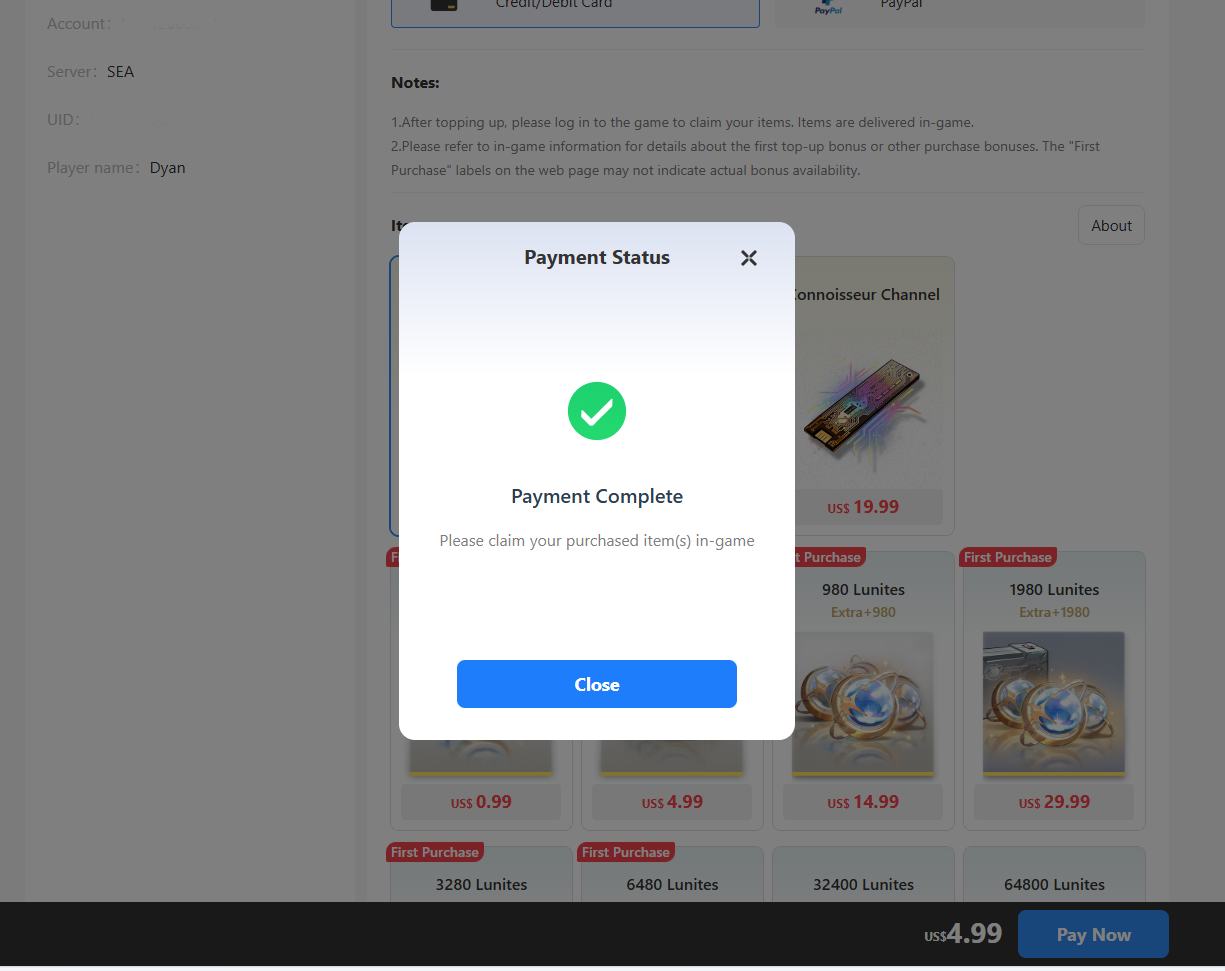 Payment status confirmation for in-game item redemption