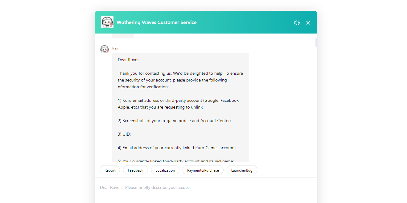 Kuro Games verification email template for Wuthering Waves unbind request.