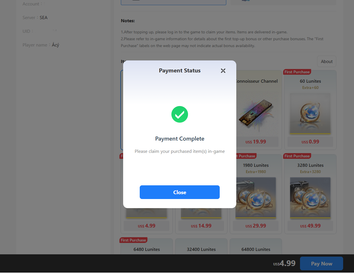 Screenshot showing a payment confirmation pop-up with the message “Payment Complete”.