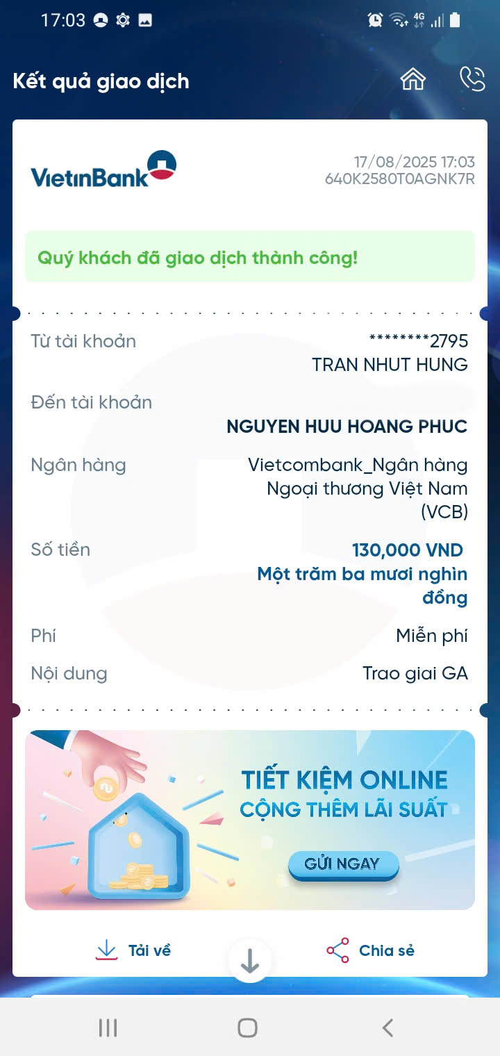 Bank payment receipt confirming WWPlus’s prize commitment