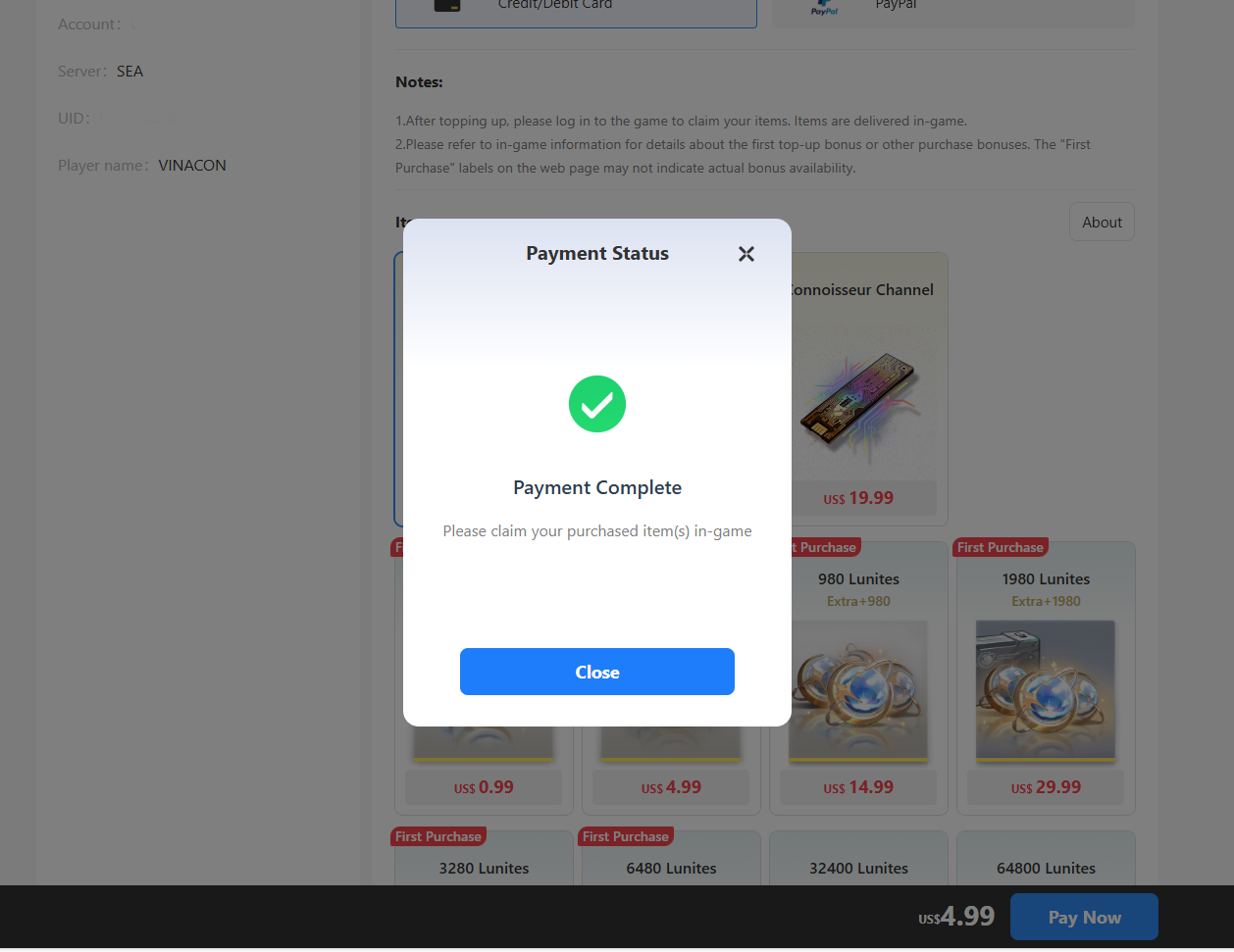 Transaction screenshot showing reward delivery