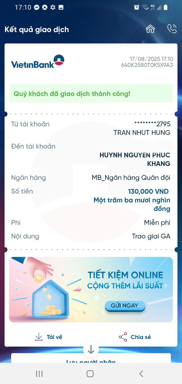 Event prize money transfer successfully completed