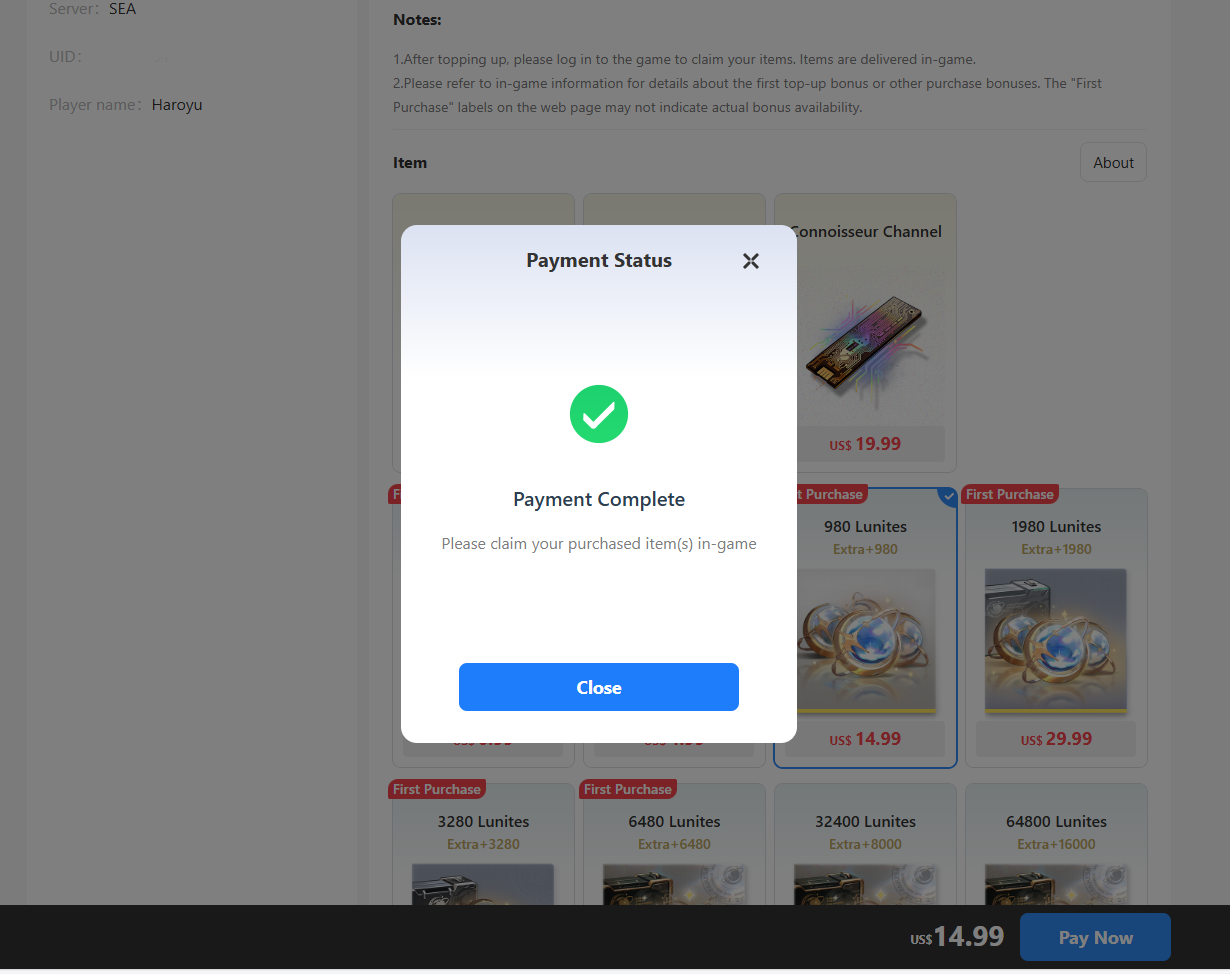 Screenshot of successful payment confirmation for WWPlus giveaway