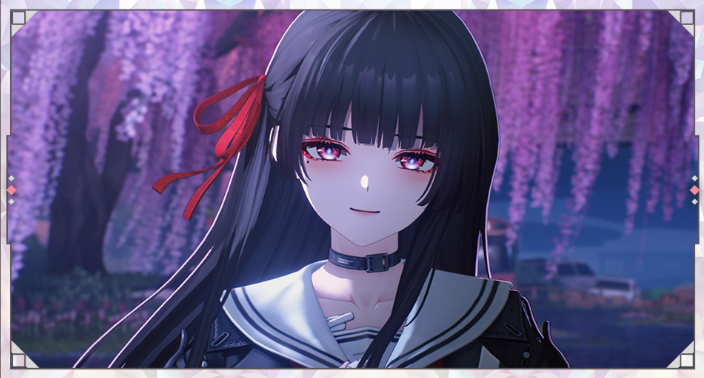 wuthering waves 2.8 chisa close-up portrait under blooming sakura in story cutscene