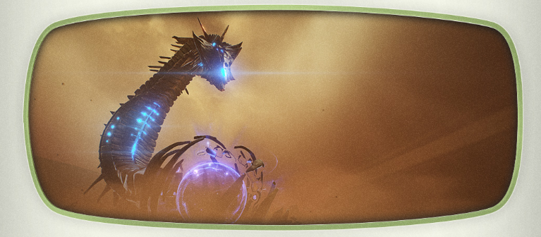 Futuristic giant mechanical serpent illuminated with blue energy in a desert-like environment, facing a glowing spherical device that emits swirling light, creating a dramatic and mysterious sci-fi atmosphere.