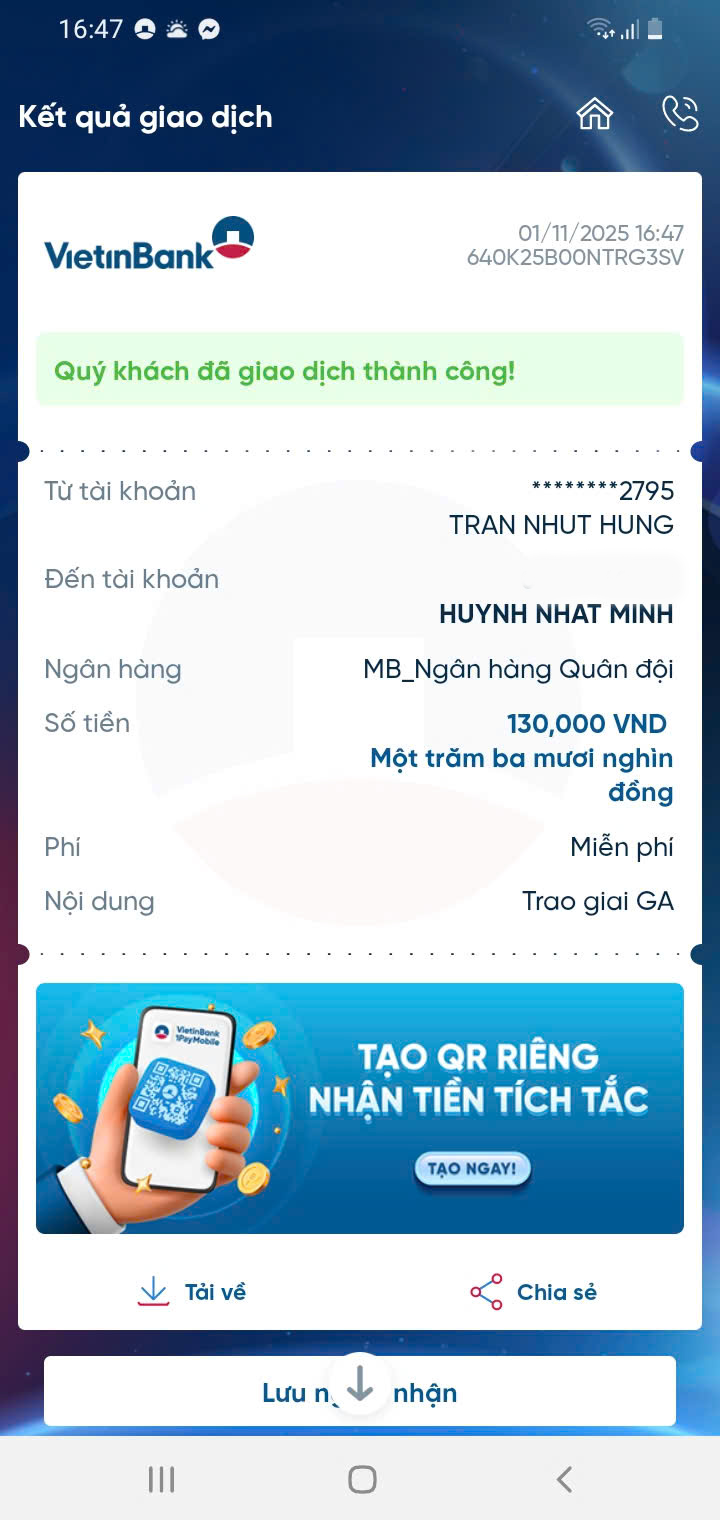 Screenshot showing successful VietinBank transaction confirmation message.