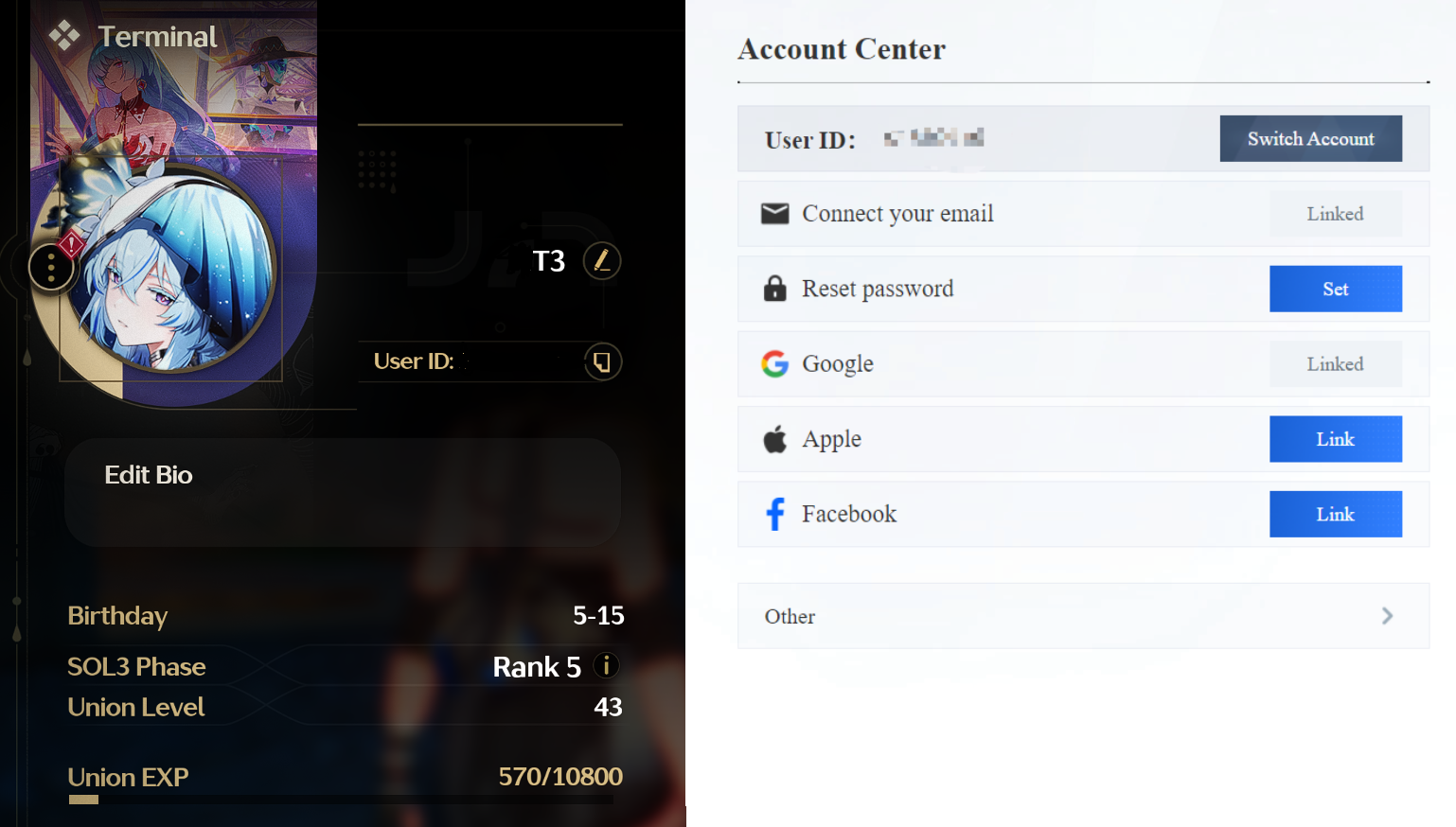 Wuthering Waves in-game profile and Account Center screenshot for email unlinking verification.