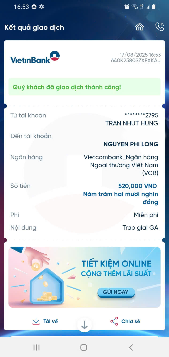 Screenshot of successful VietinBank transaction as prize payout from WWPlus.net