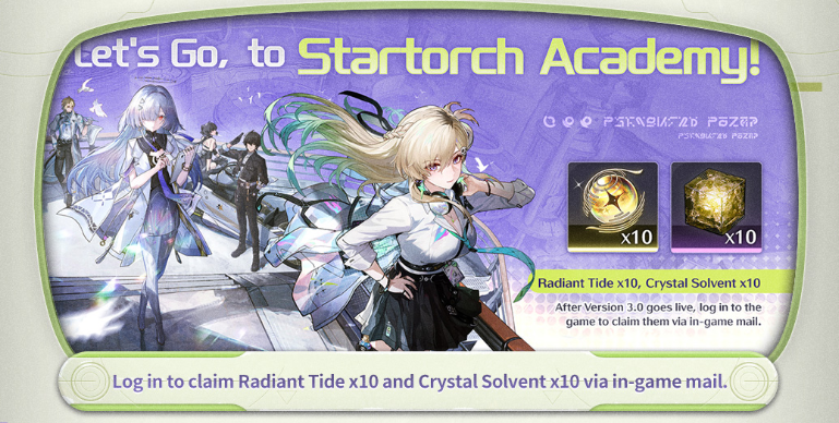 The banner announces login rewards of Radiant Tide x10 and Crystal Solvent x10 for Version 3.0.