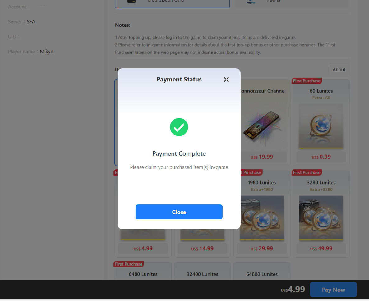 Online top-up confirmation screen indicating successful purchase of in-game items.