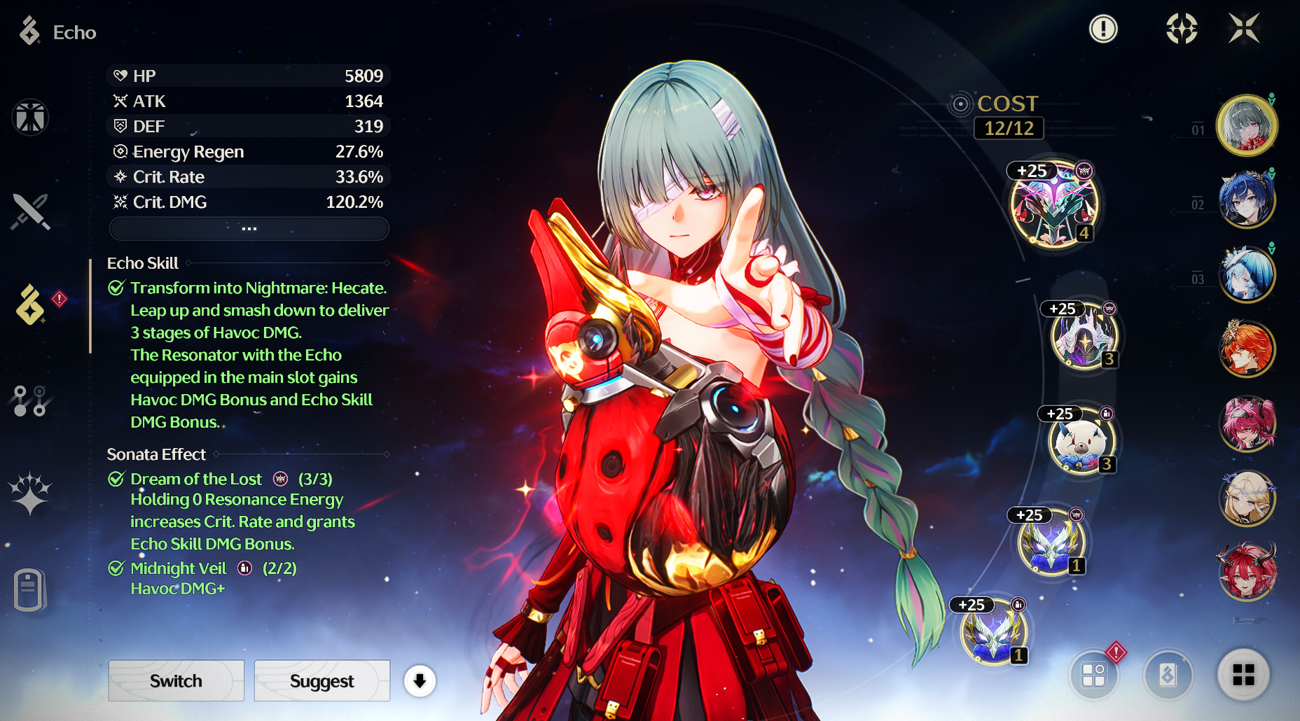 Phrolova Echo setup in Wuthering Waves showing Dream of the Lost and Midnight Veil sets with optimal Havoc DMG stats.