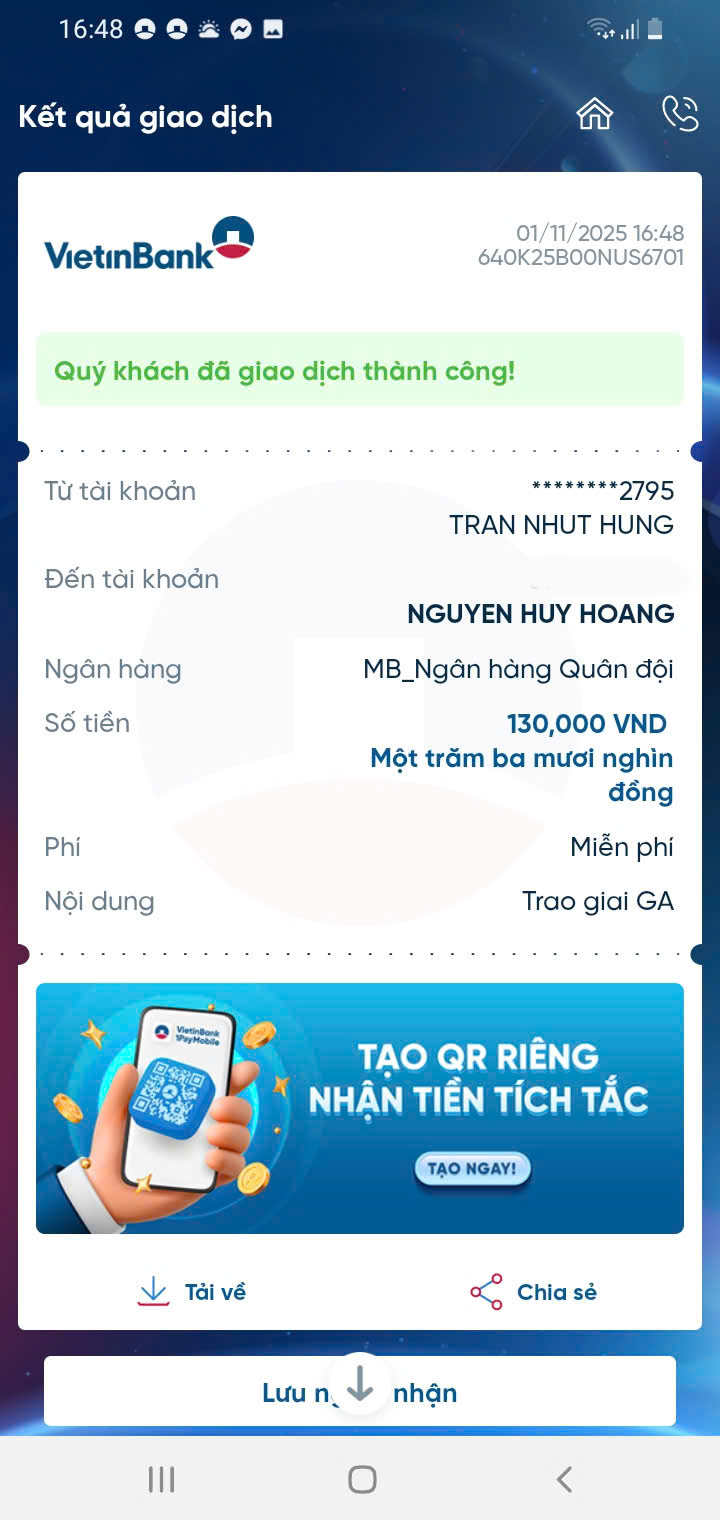 VietinBank mobile banking app screen confirming a completed money transfer.
