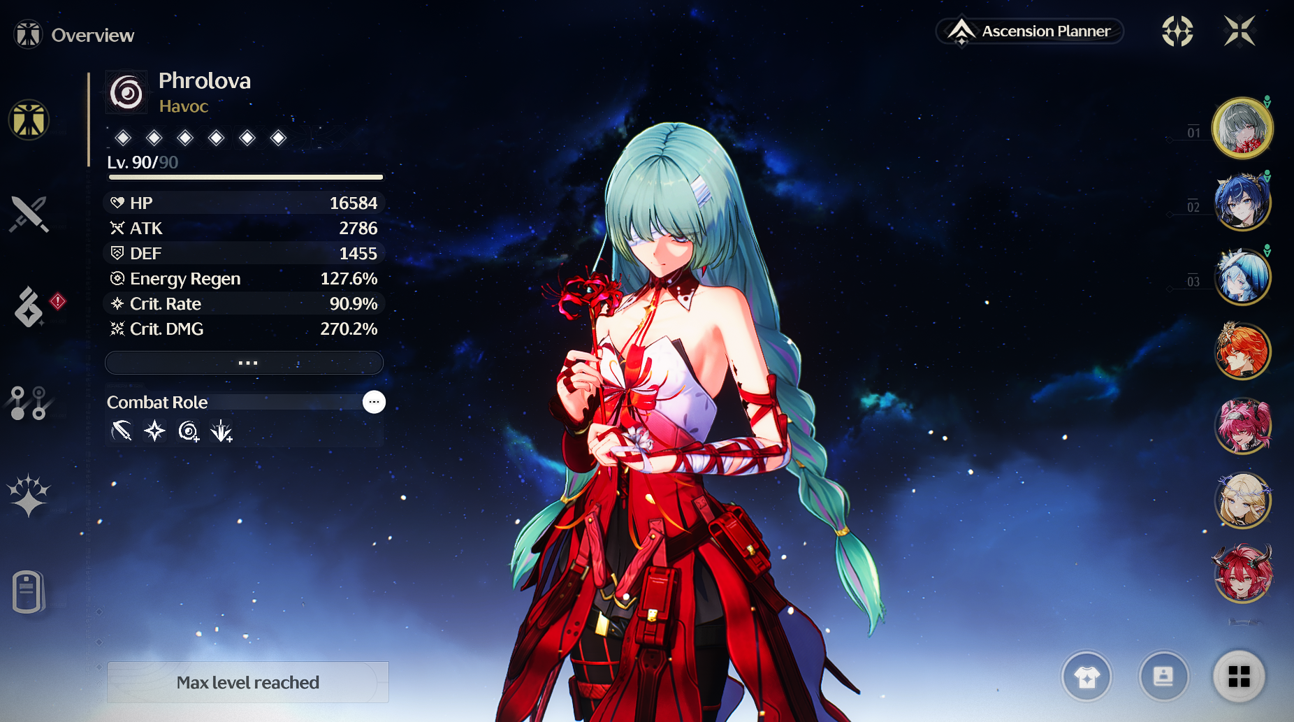 Phrolova level 90 stats overview in Wuthering Waves showing maxed CRIT Rate, CRIT DMG, and optimized Havoc build.