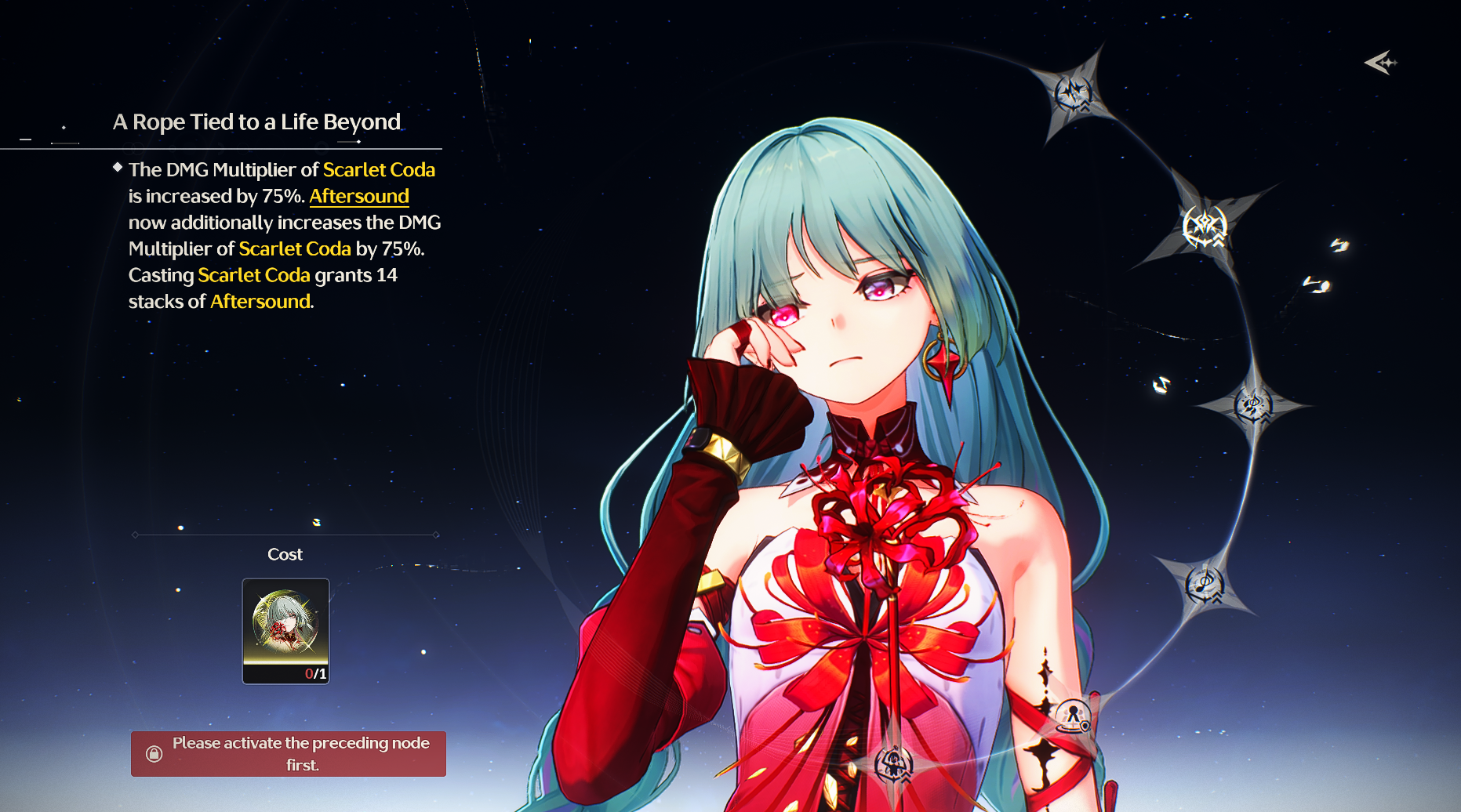 Phrolova Resonance Chain screen in Wuthering Waves showing RC2 node “A Rope Tied to a Life Beyond” boosting Scarlet Coda damage.