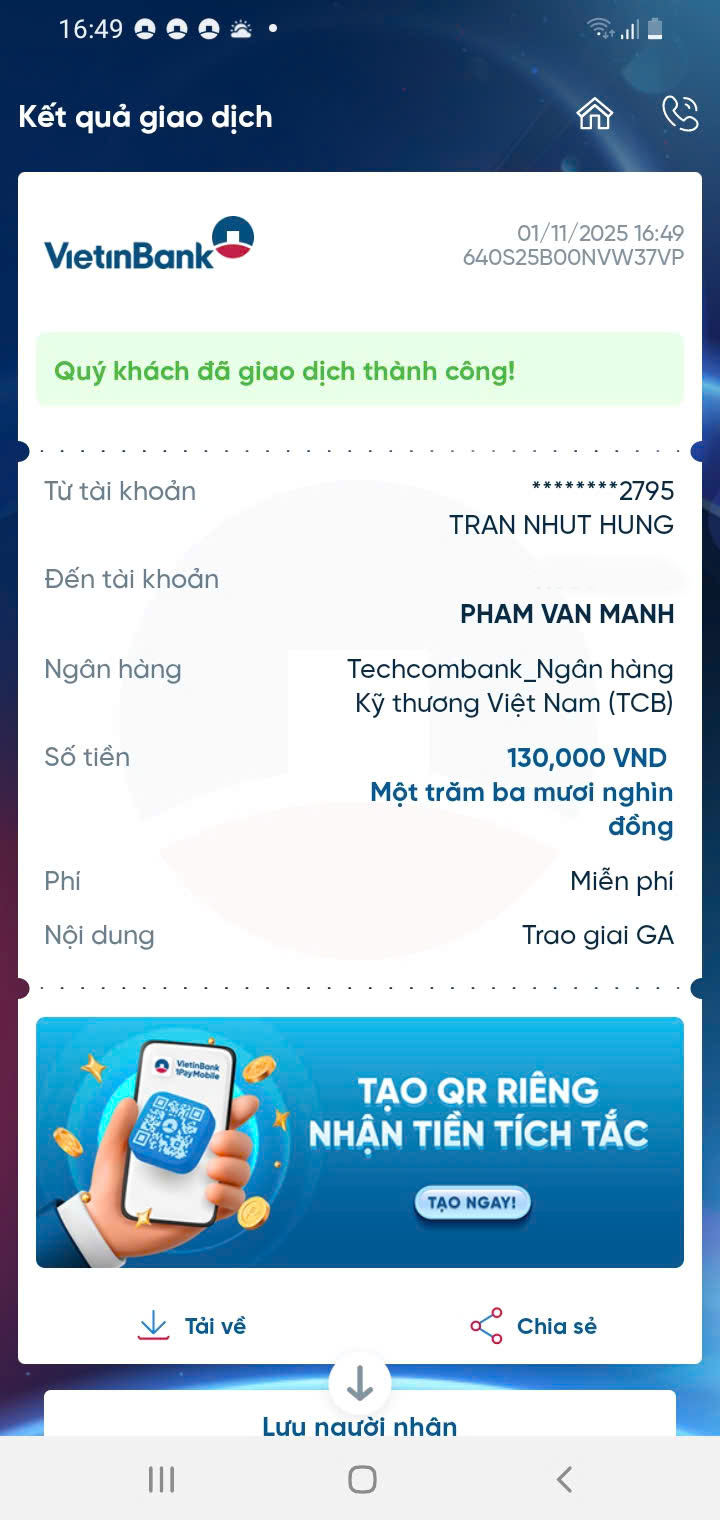 Digital banking receipt showing a 130,000 VND transfer marked as successful.