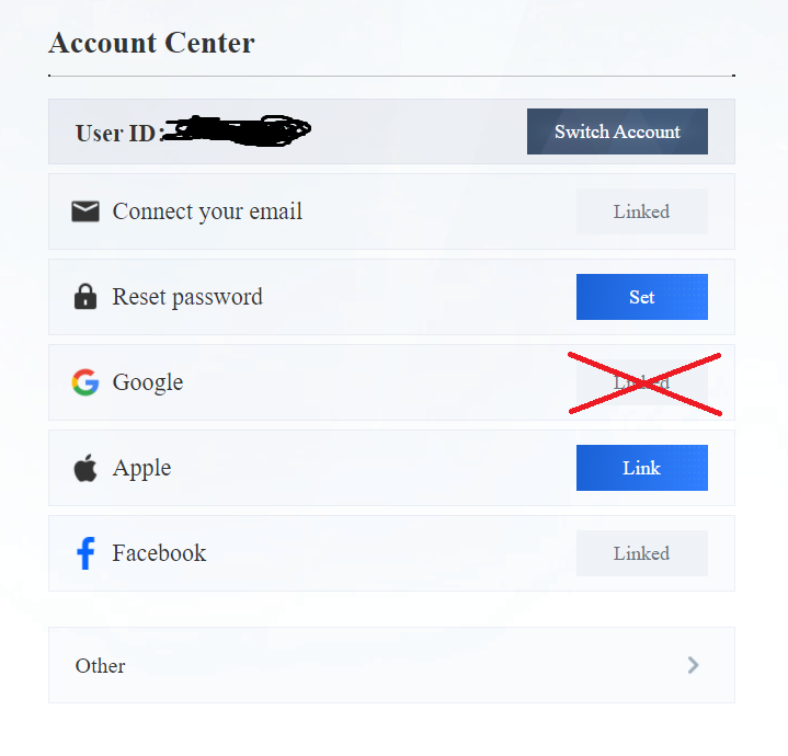 Wuthering Waves Account Center interface showing linked email and third-party login options before unbinding process.