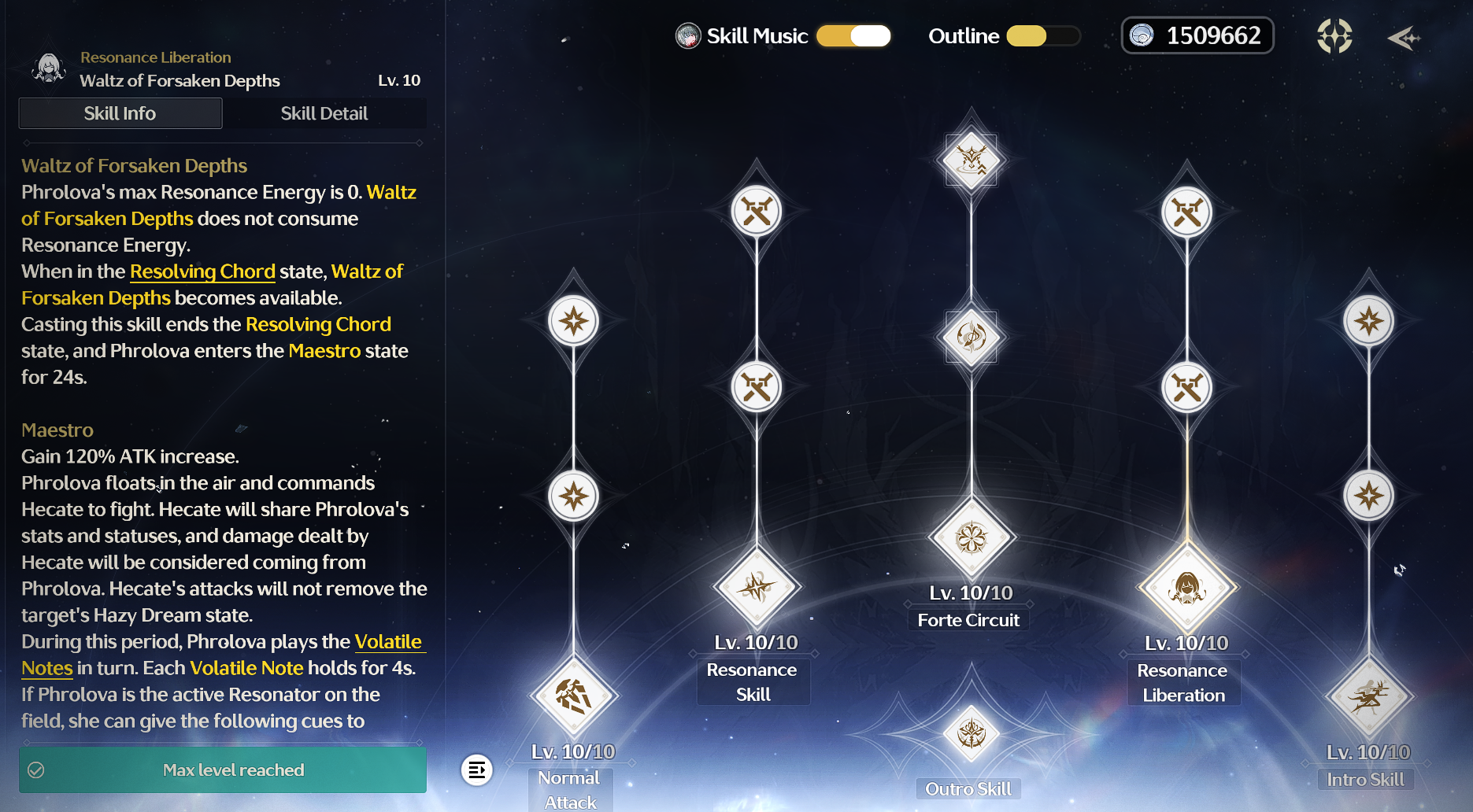 Phrolova skill tree in Wuthering Waves showing maxed Resonance Liberation, Forte Circuit, and other upgraded abilities.