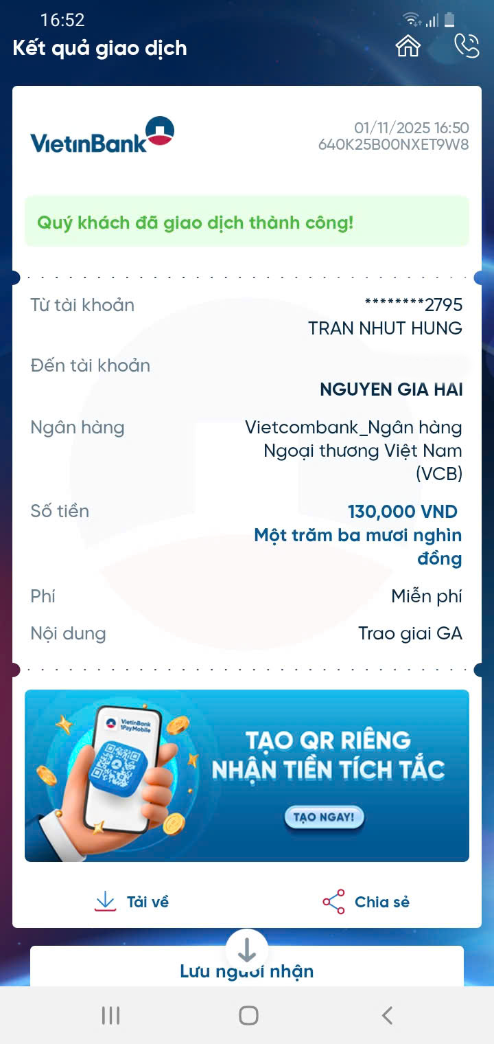 VietinBank transaction details with confirmation “Transaction successful”.