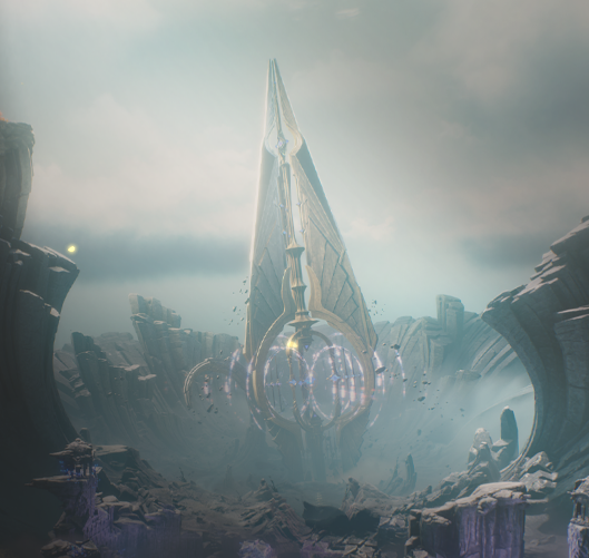 Thumbnail image of Sanguis Plateaus Travel Atlas event in Wuthering Waves, showing the mysterious ancient spire surrounded by rocky cliffs and glowing energy.