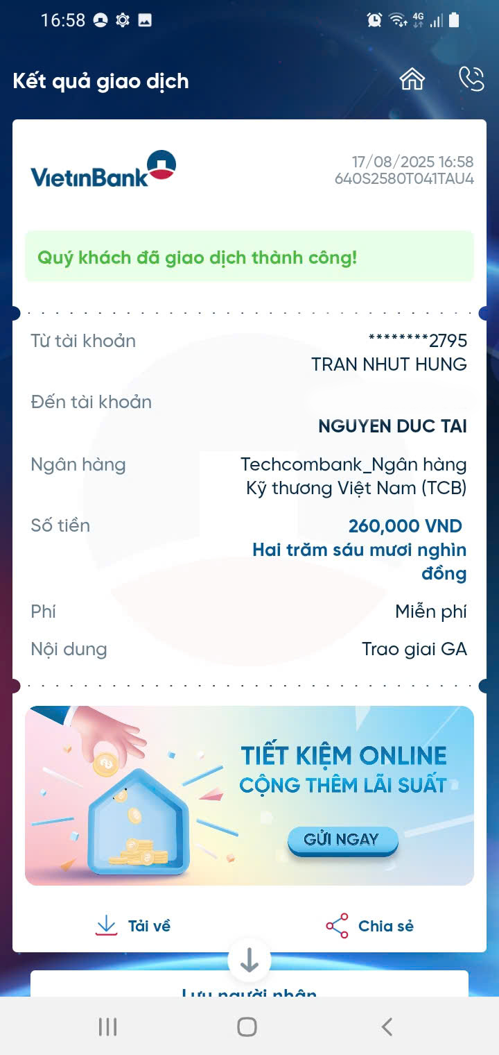 Confirmation screen of prize payment to event winner