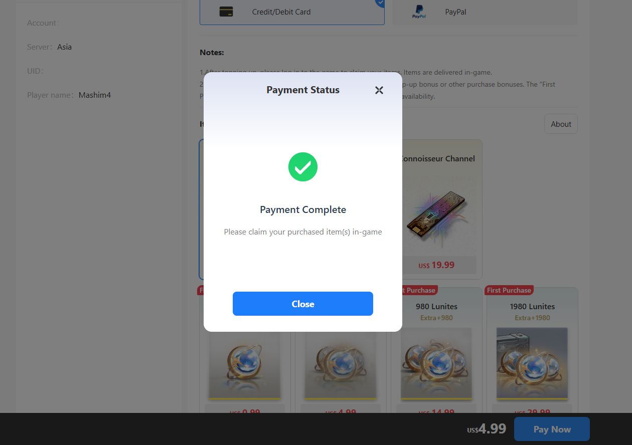 Proof of in-game item delivery through payment completion
