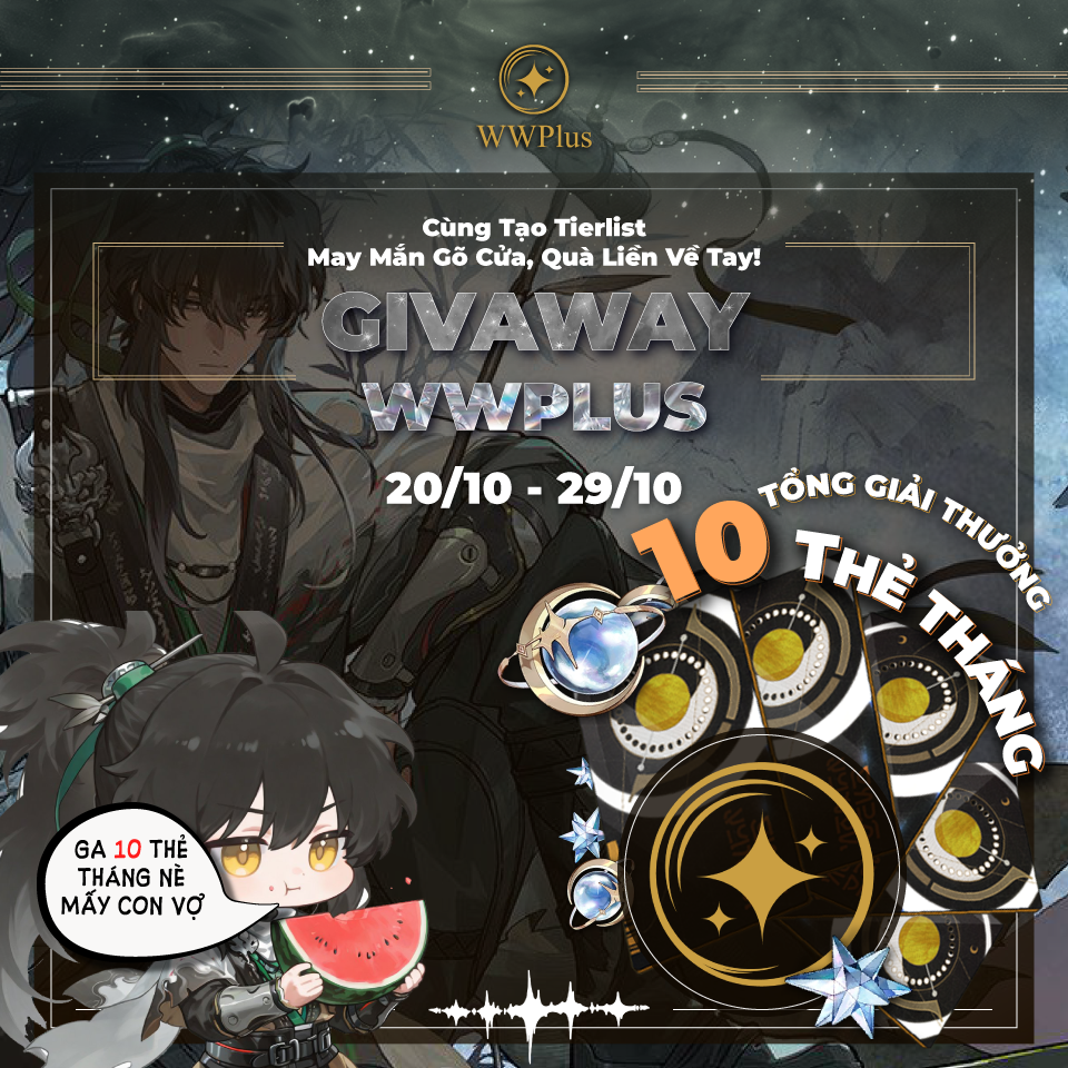 WWPlus Wuthering Waves Giveaway banner showing event dates (20/10–29/10) and total prizes of 10 Monthly Cards.