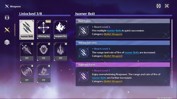 An interface showcasing the Cores, also known as each character’s signature “Weapon.”