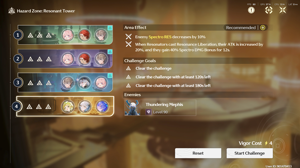 Resonant Tower Hazard Zone in Tower of Adversity Season 29, focusing on Spectro enemies and Resonance Liberation ATK buff.