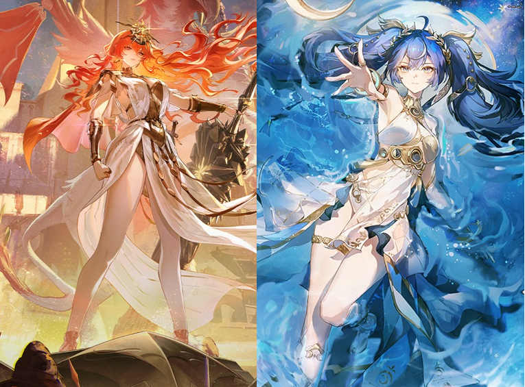 Official key art of Augusta and Iuno from Wuthering Waves, featured in version 2.6 alongside their newly revealed signature weapons.