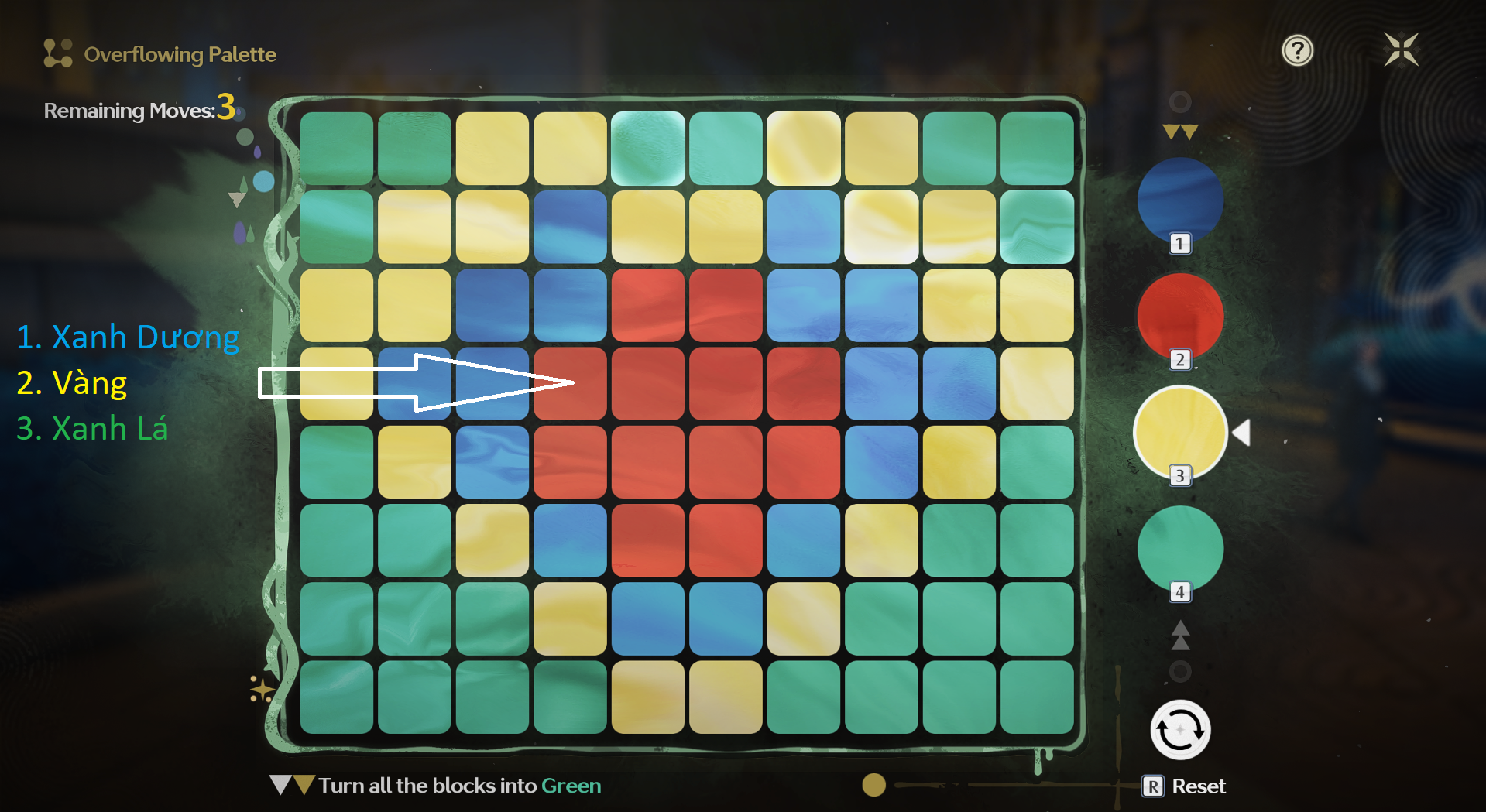 Overflowing Picture Book – Easy level of Forest in Dawn stage with the color sequence Blue, Yellow, Green.