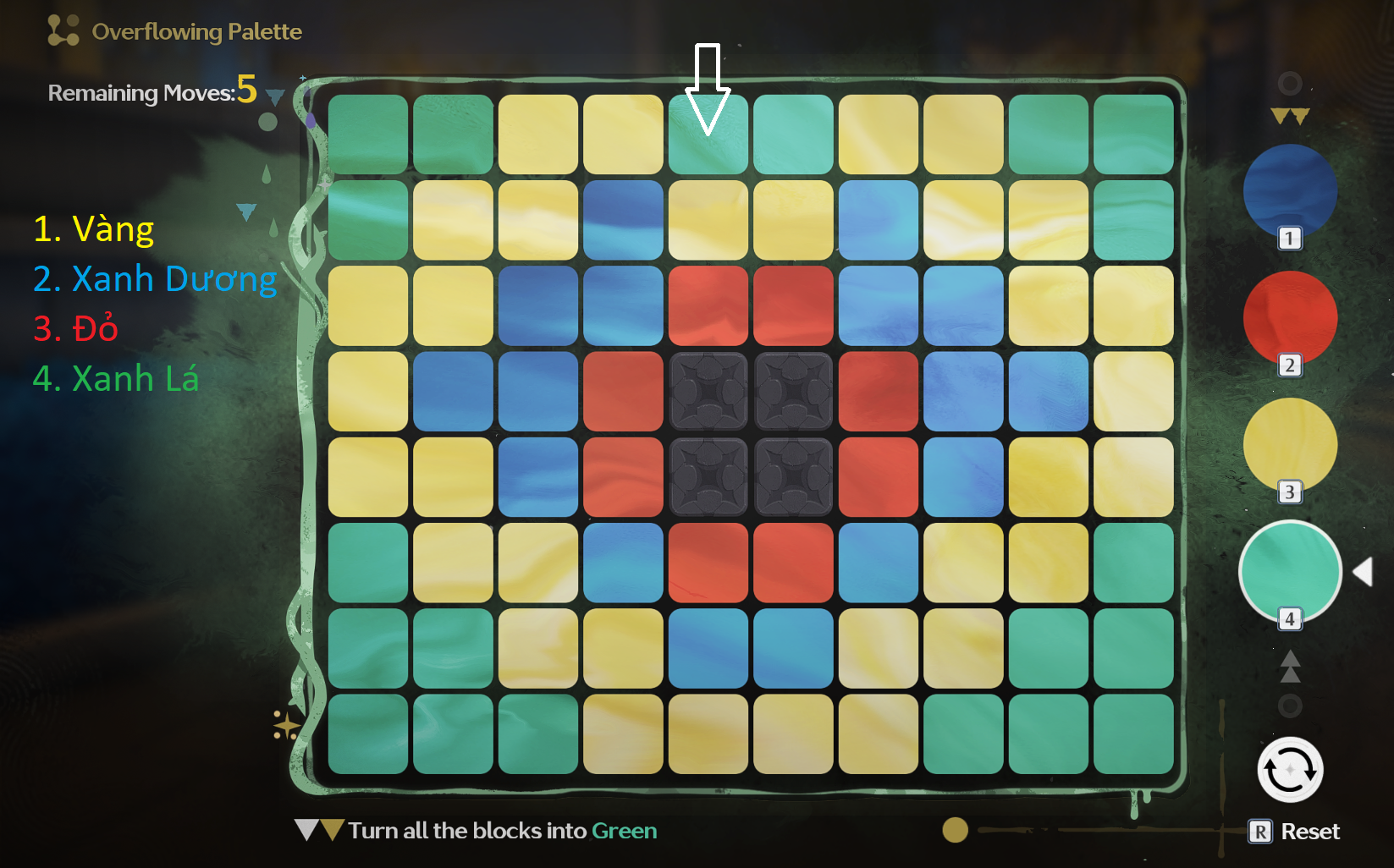 Overflowing Picture Book – Difficult level of Forest in Dawn stage with the color sequence Yellow, Blue, Red, Green.