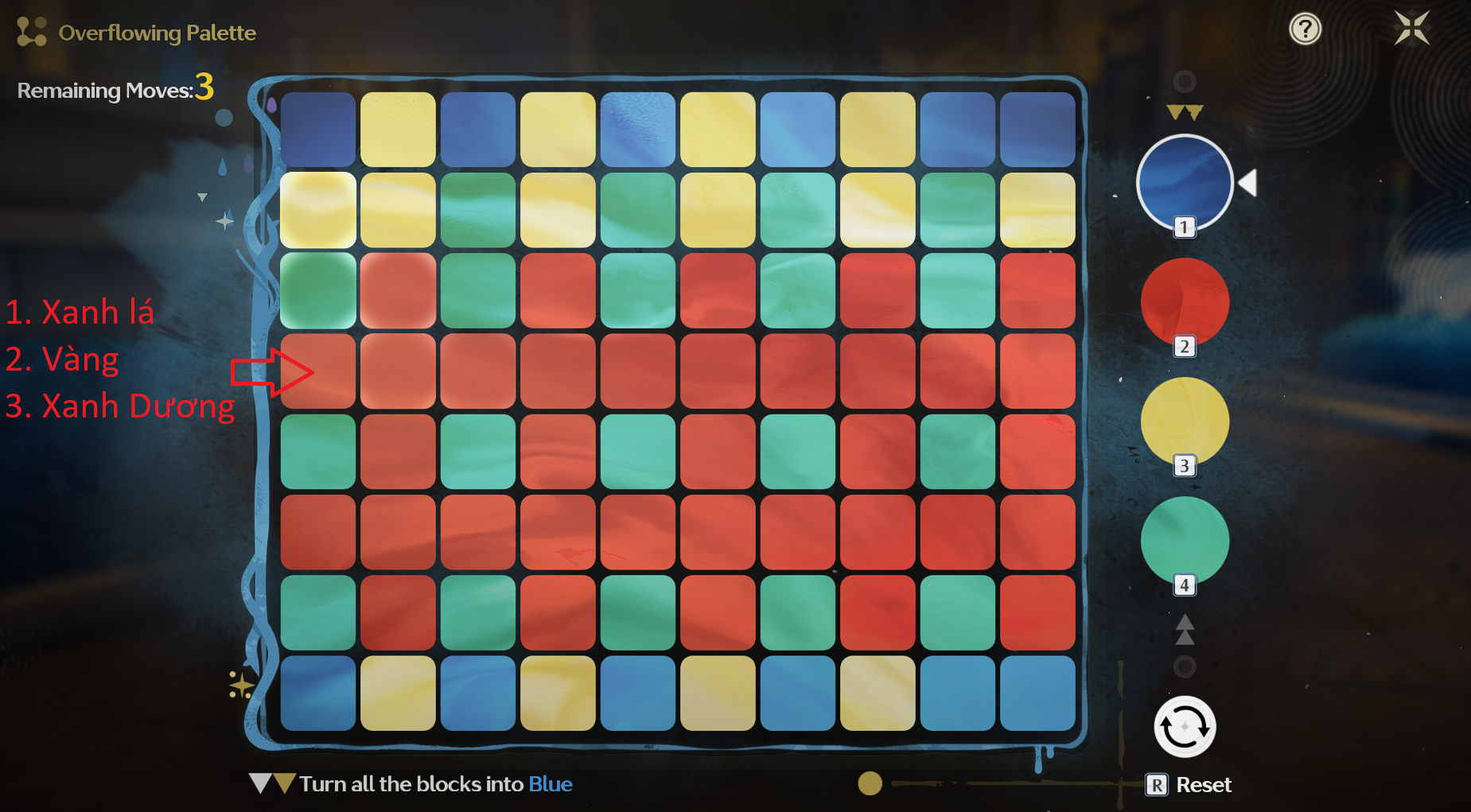 Overflowing Picture Book – Easy level of Stars and Moon stage with the color sequence Green, Yellow, Blue.