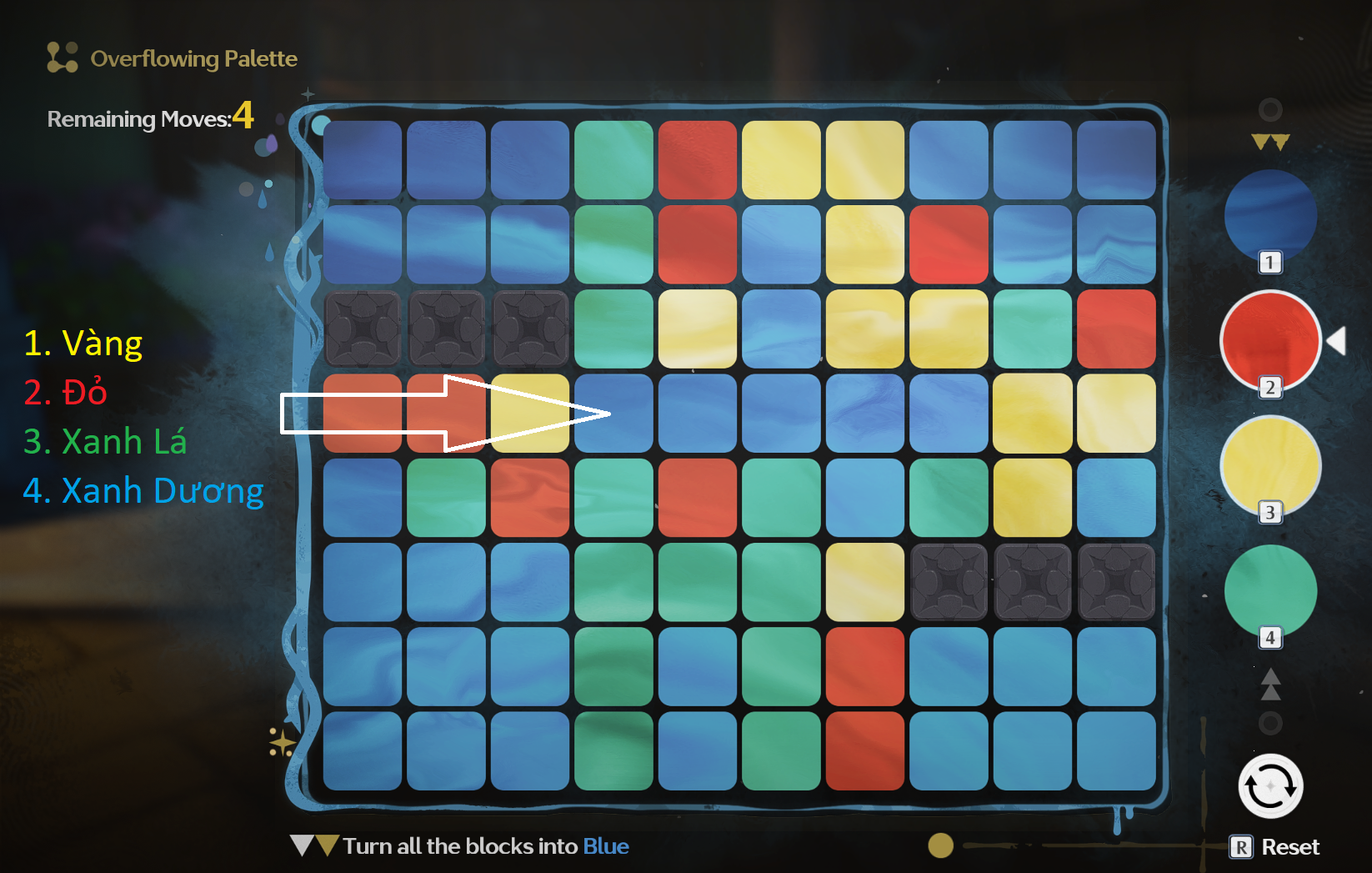 Overflowing Picture Book – Difficult level of Water Lillies stage with the color sequence Yellow, Red, Green, Blue.