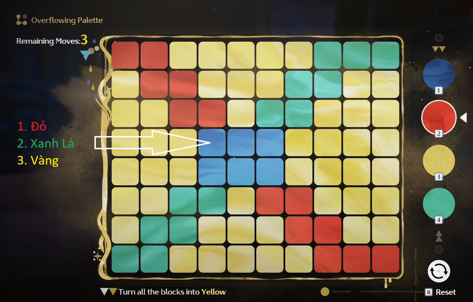 Overflowing Picture Book – Easy level of Dusk of Gold's Landing stage with the color sequence Red, Green, Yellow.
