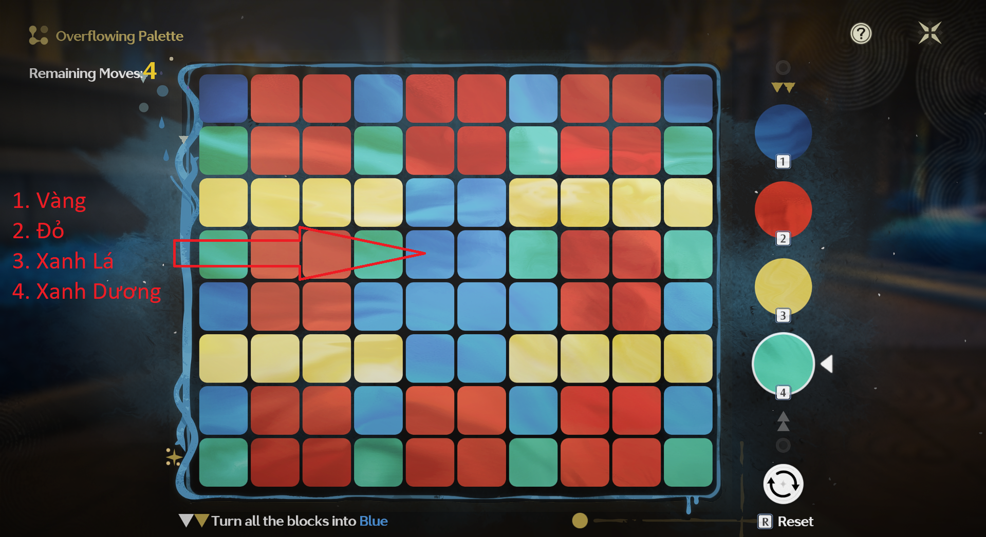 Overflowing Picture Book – Normal level of Stars and Moon stage with the color sequence Yellow, Red, Green, Blue.