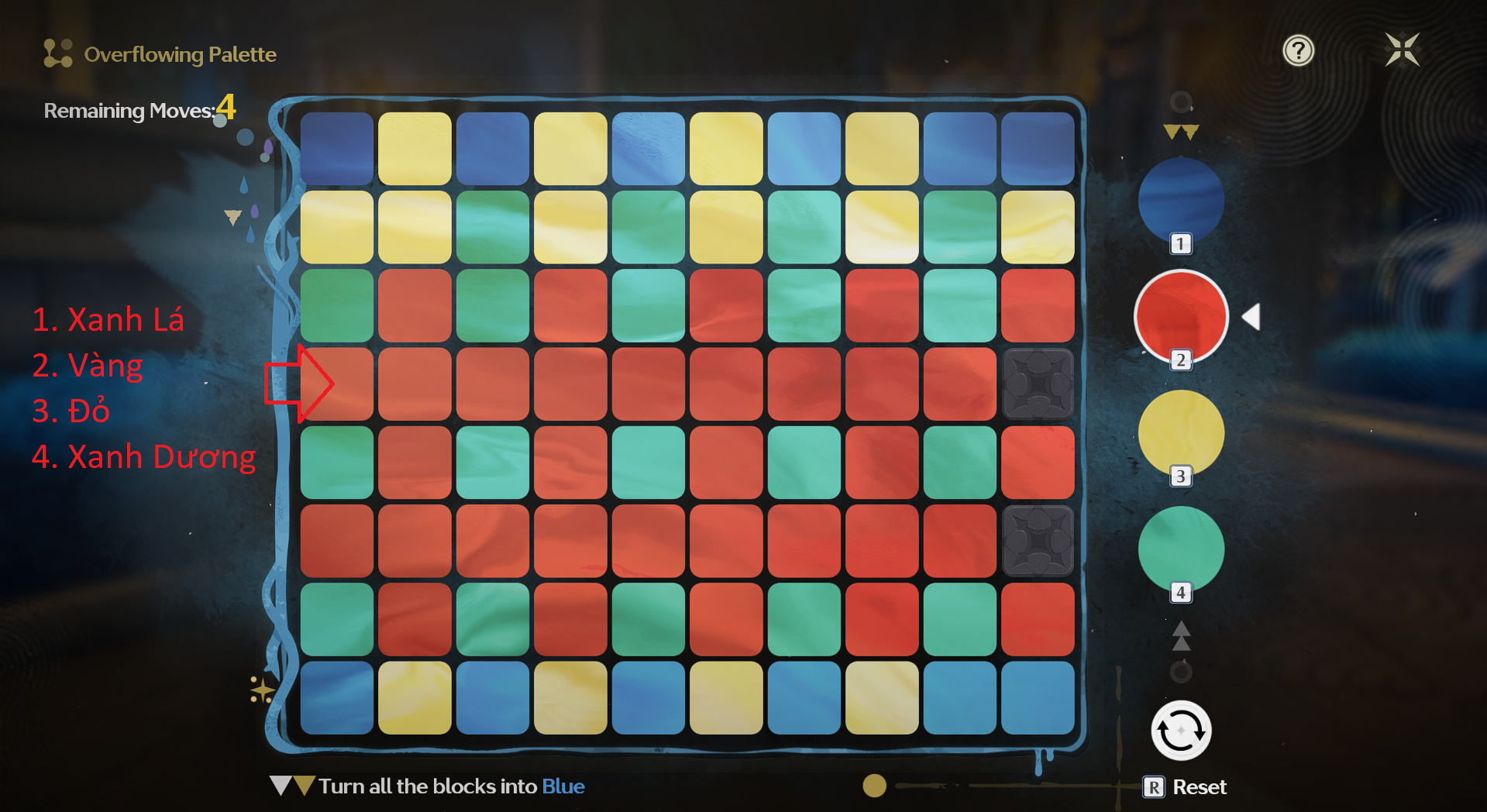 Overflowing Picture Book – Difficult level of Stars and Moon stage with the color sequence Green, Yellow, Red, Blue.