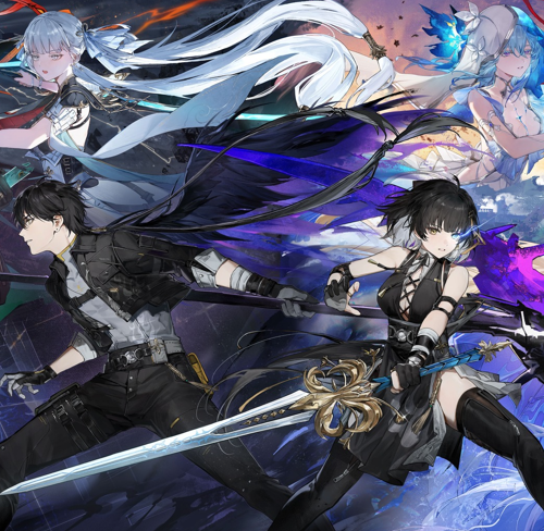 Key art of Wuthering Waves featuring central Resonators Jiyan, Rover, and other characters in dynamic combat poses.