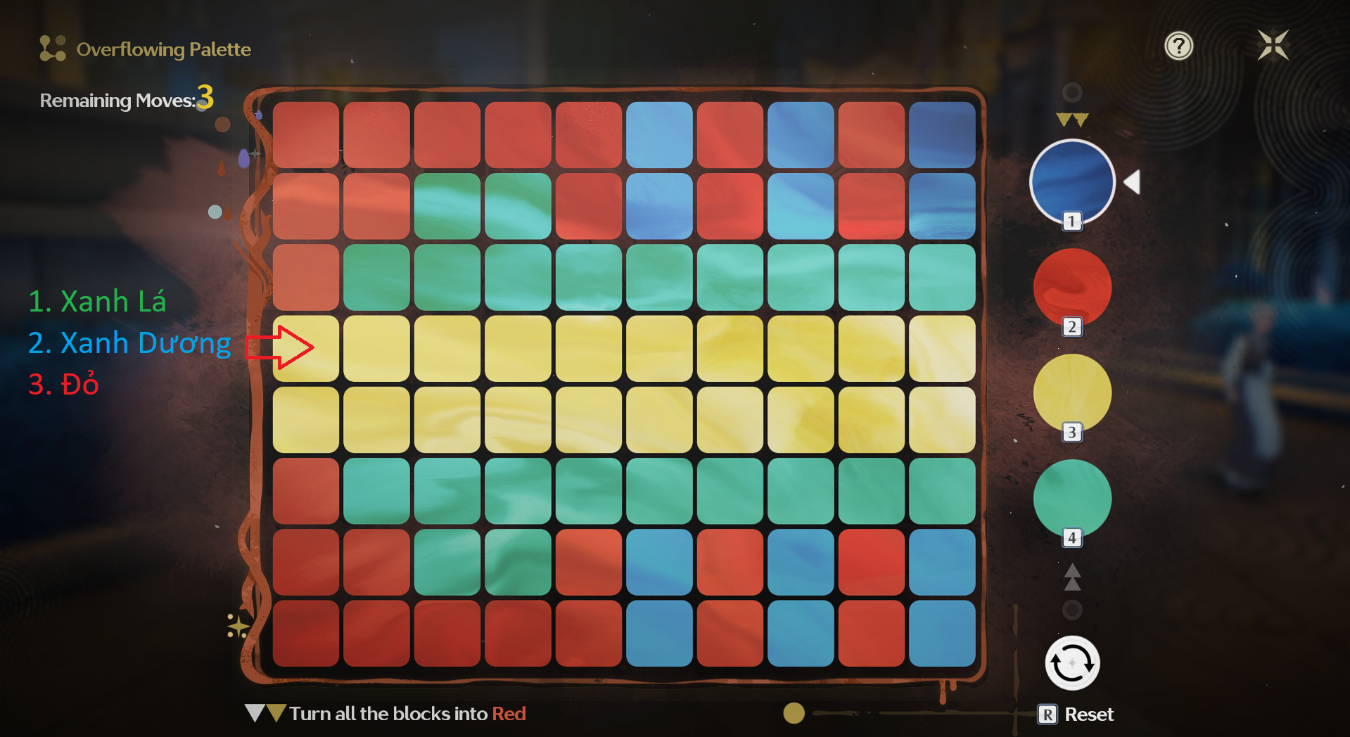 Overflowing Picture Book – Easy level of A Sunday in Riccioli stage with the color sequence Green, Blue, Red.
