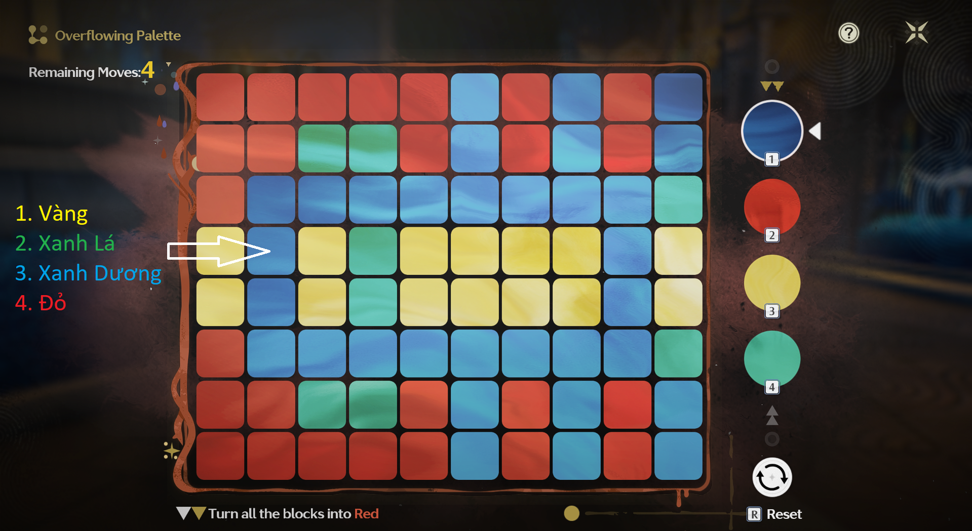 Overflowing Picture Book – Normal level of A Sunday in Riccioli stage with the color sequence Yellow, Green, Blue, Red.
