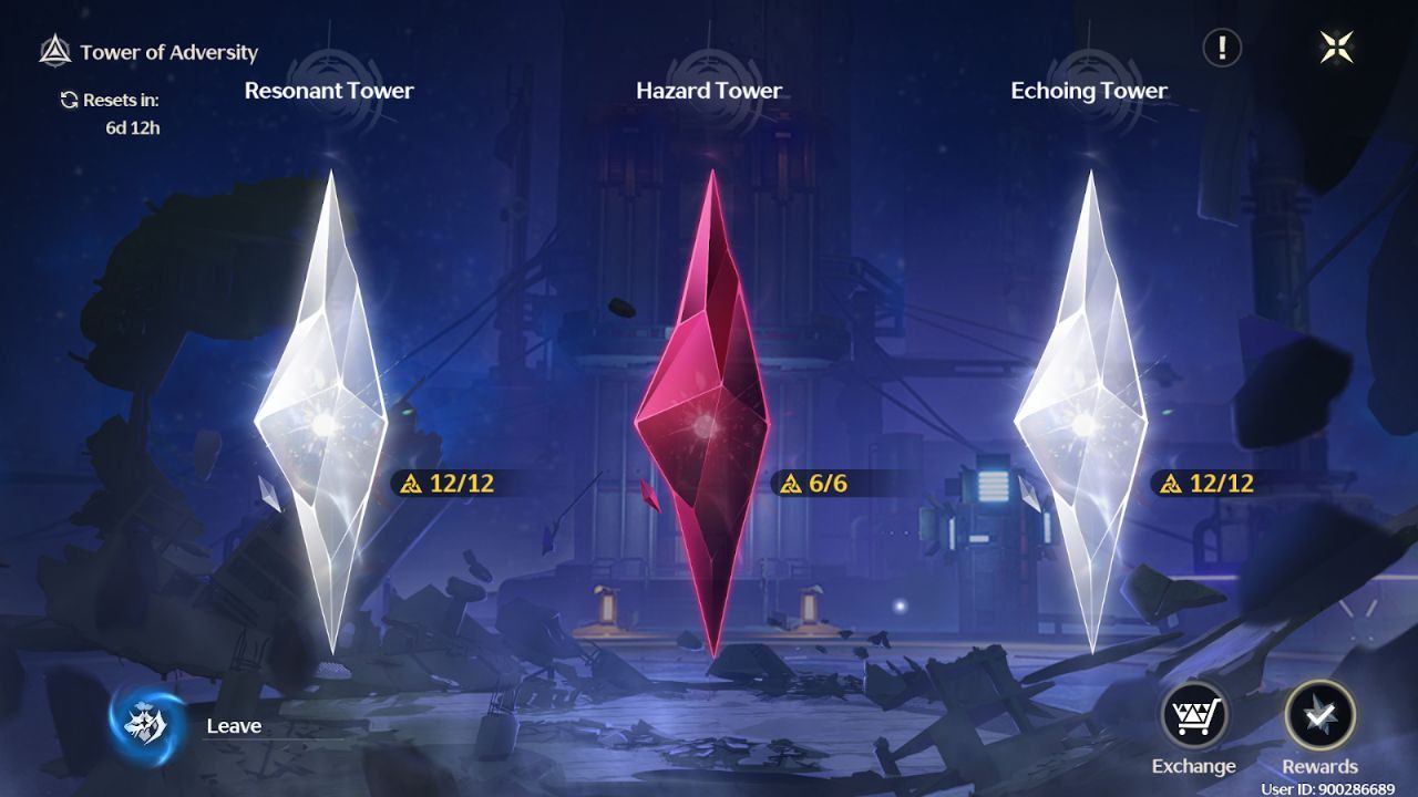 In-game screenshot of the Tower of Adversity in Wuthering Waves, showcasing Resonant Tower, Hazard Tower, and Echoing Tower with progression indicators.