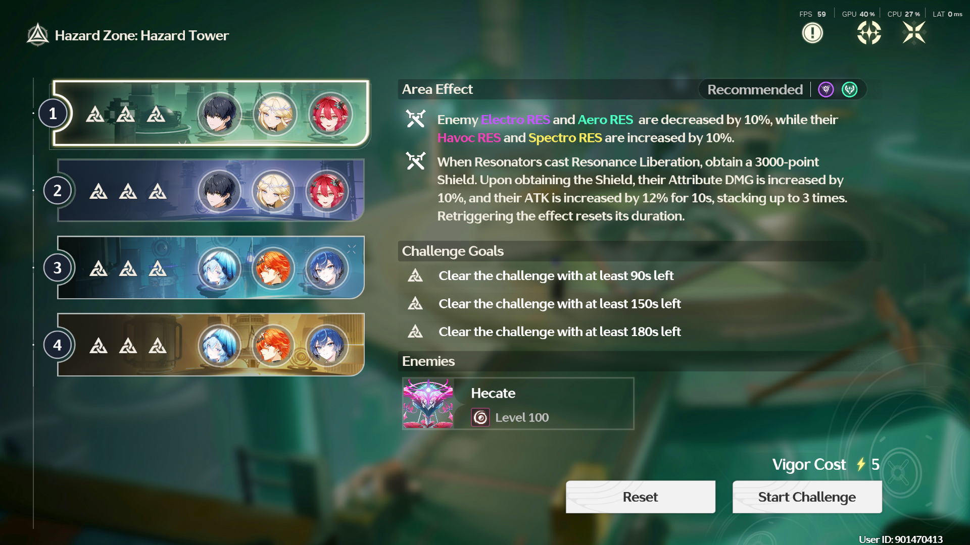 Hazard Tower zone in Tower of Adversity Season 28 featuring Electro and Aero enemies like Hecate