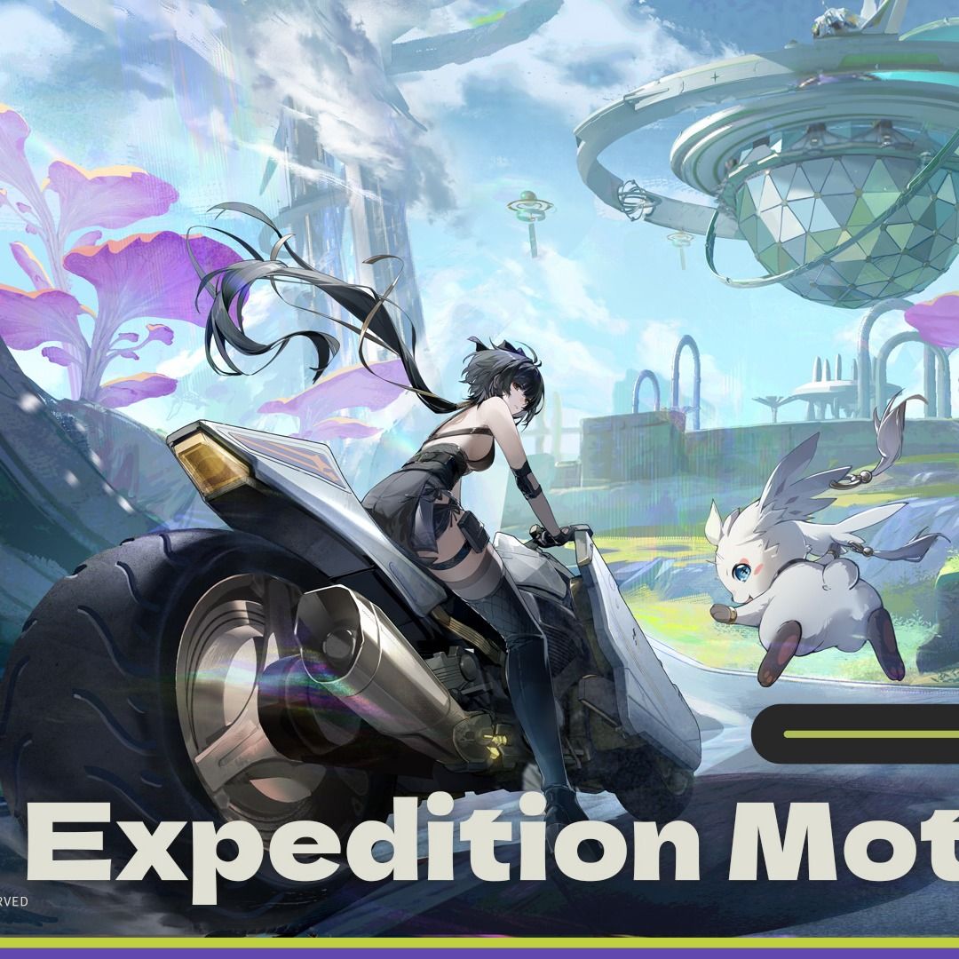 An introduction to Wuthering Waves’ Expedition Motorcycle, depicting a Resonator riding a futuristic motorcycle across a sci-fi landscape.